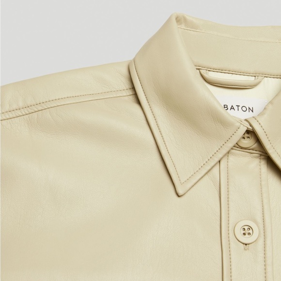 Aritzia Babaton Vegan Leather Frances Short Sleeve Button Up in Sand White - Picture 2 of 11